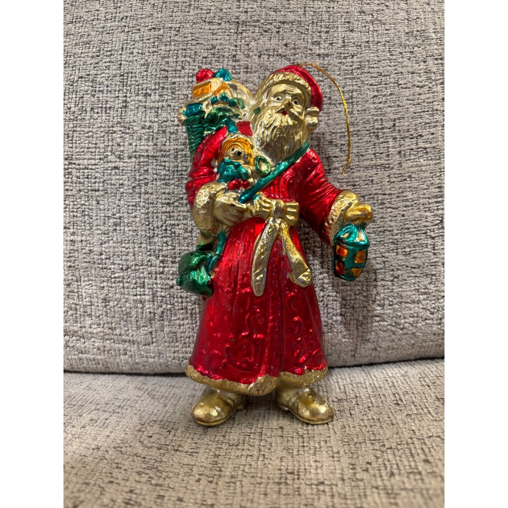 Vintage Christmas Ornament Santa Claus Lantern Bag Toy Gold Red Green Figurine